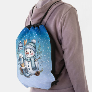 Winter Cozy Snowman Drawstring Bag