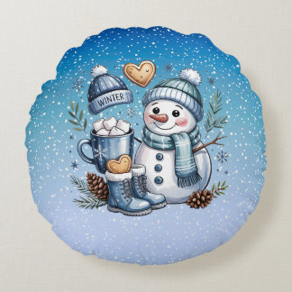 Winter Cozy Snowman Round Pillow