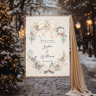 Winter Cream Bow Floral Wedding Welcome Sign