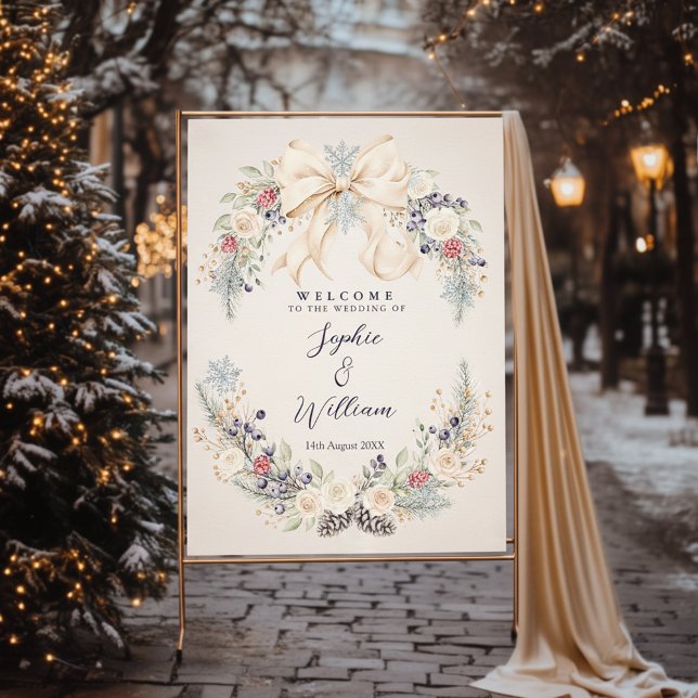 Winter Cream Bow Floral Wedding Welcome Sign (winter bridal shower welcome sign)