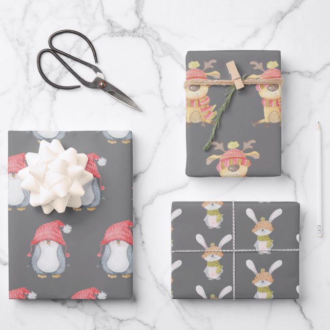 Winter Critters Trio Holiday Wrapping Paper Sheets (Front)