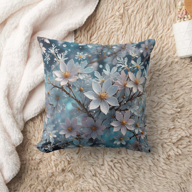 Winter Crystal Frost Sakura Blossom Throw Pillow (Blanket)