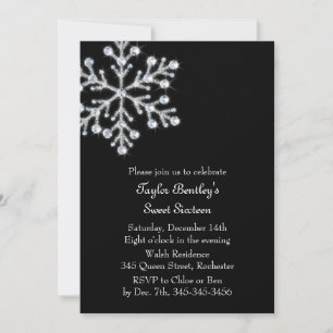 Winter Crystal Sweet 16th Birthday Invite black
