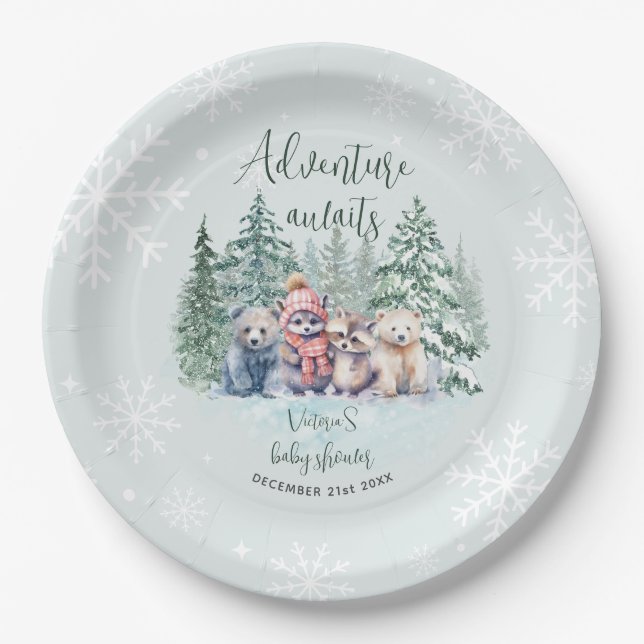Winter Cute Animals Baby Shower Paper Plates (Front)