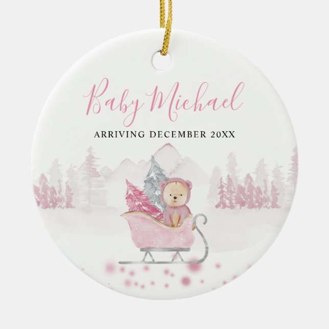 Winter Cute Bear Baby Girl Pregnancy Announcement Ceramic Ornament (Front)