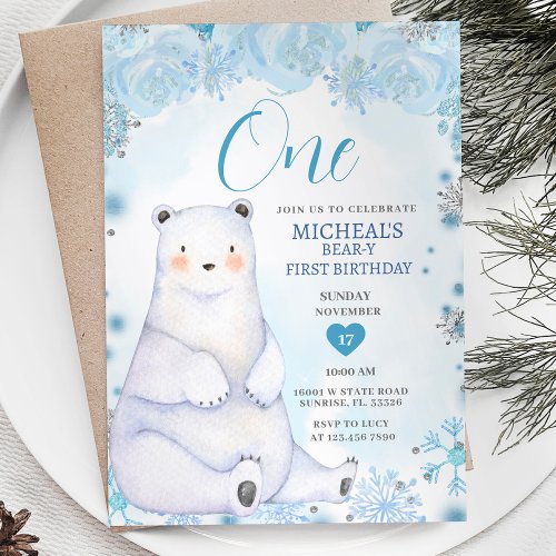 Winter Cute Bear Snowflake Blue Flowers Birthday Invitation
