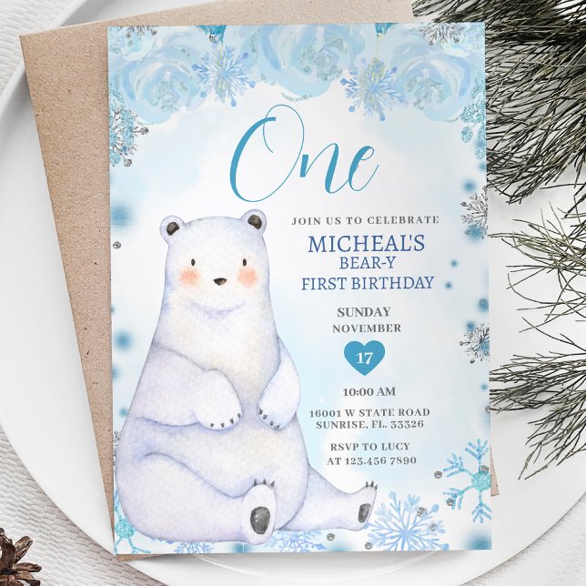 Winter Cute Bear Snowflake Blue Flowers Birthday Invitation (Creator Uploaded)