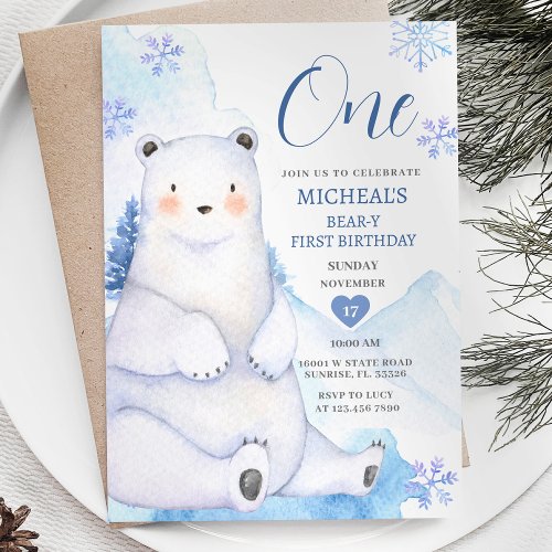 Winter Cute Bear Snowflake Forest First Birthday Invitation
