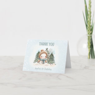Winter Cute Blue Snowman Boy 1st Birthday Letterpress Thank You Card