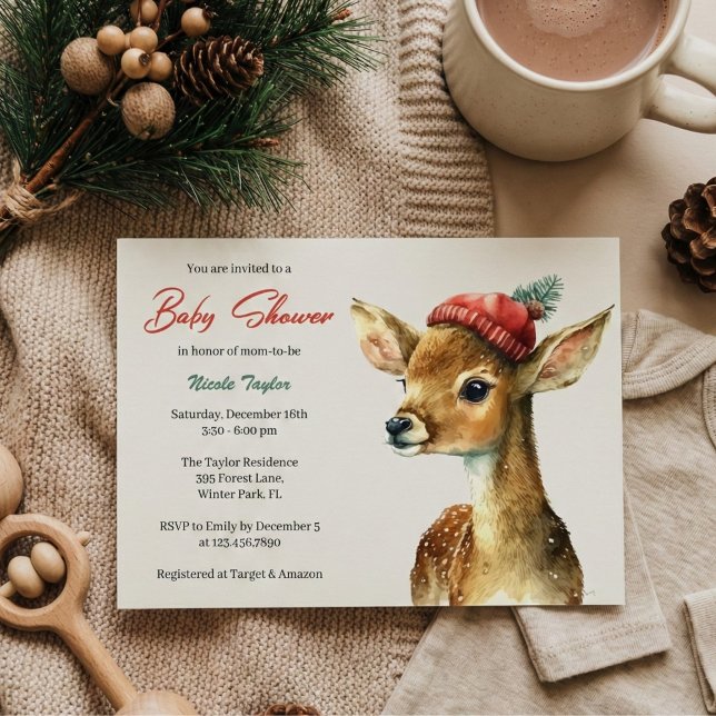 Winter Cute Forest Animal Deer Baby Shower  Invitation (Woodland Deer Baby Shower Invitation – Cozy Neutral Winter Theme)
