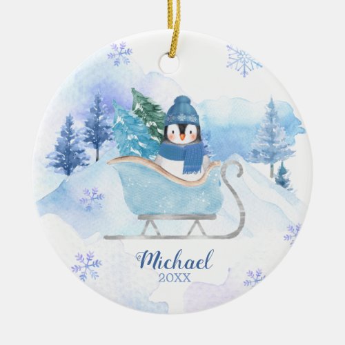 Winter Cute Penguin Blue Snowflakes Mountain Ceramic Ornament