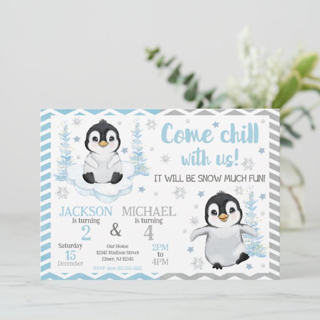 Winter Cute Penguins Joint Birthday Invitation (Standing Front)