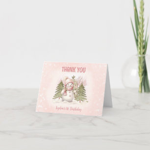 Winter Cute Pink Snowman 1st Birthday Letterpress Thank You Card