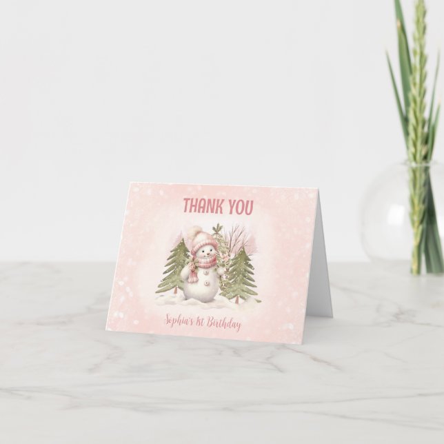 Winter Cute Pink Snowman 1st Birthday Thank You Card (Front)