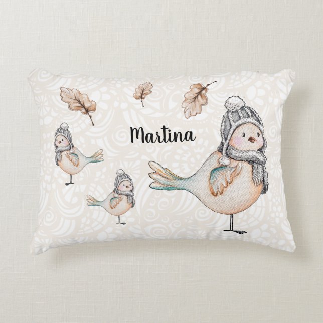 Winter Cute Sparrow Illustration Accent Pillow (Front)