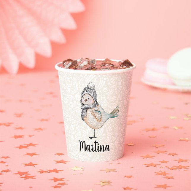 Winter Cute Sparrow Illustration Paper Cups (Insitu)