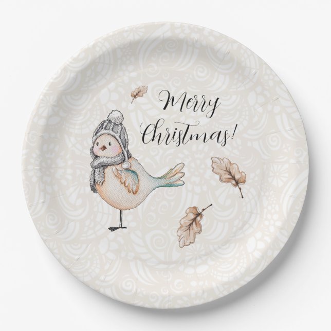 Winter Cute Sparrow Illustration Paper Plates (Front)