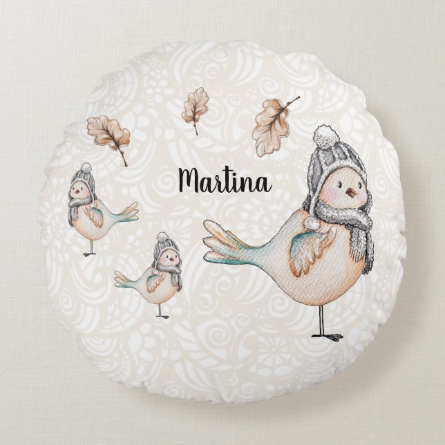 Winter Cute Sparrow Illustration Personalized Round Pillow (Front)