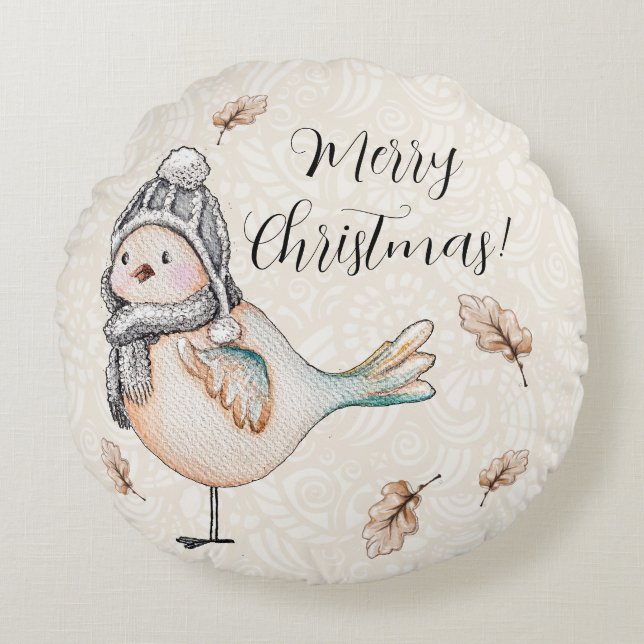 Winter Cute Sparrow Illustration Round Pillow (Front)