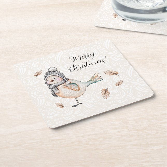 Winter Cute Sparrow Illustration Square Paper Coaster (Angled)