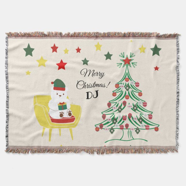 Winter Cute Teddy Bear Monogram Merry Christmas Throw Blanket (Front)