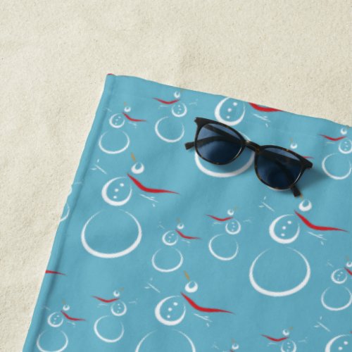 Winter Cyan Cute Snowman Family Pattern Beach Towel