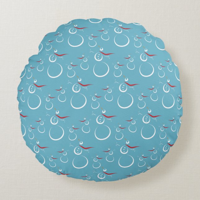 Winter Cyan Cute Snowman Family Pattern Round Pillow (Front)