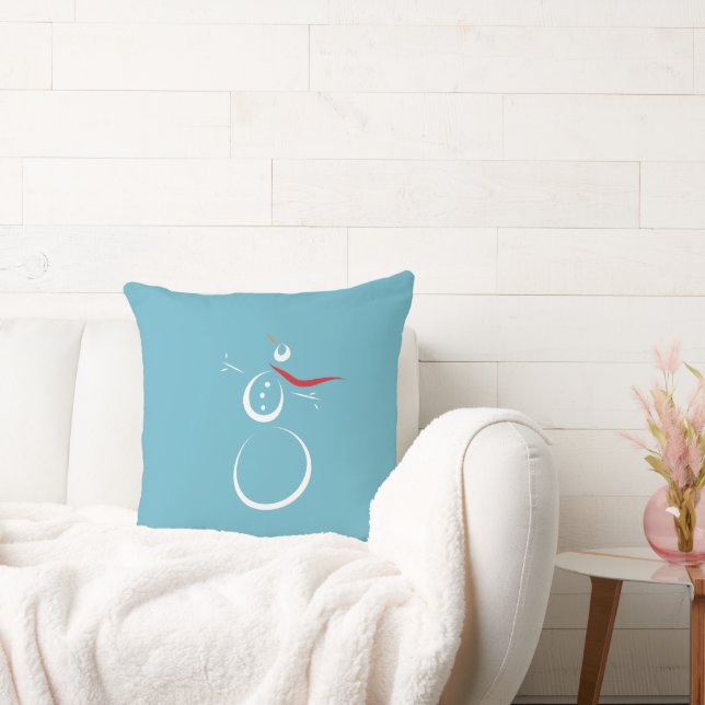 Winter Cyan Cute Snowman Throw Pillow (Couch)