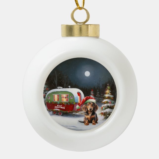 Winter Dachshund Caravan Christmas Adventure  Ceramic Ball Christmas Ornament (Front)