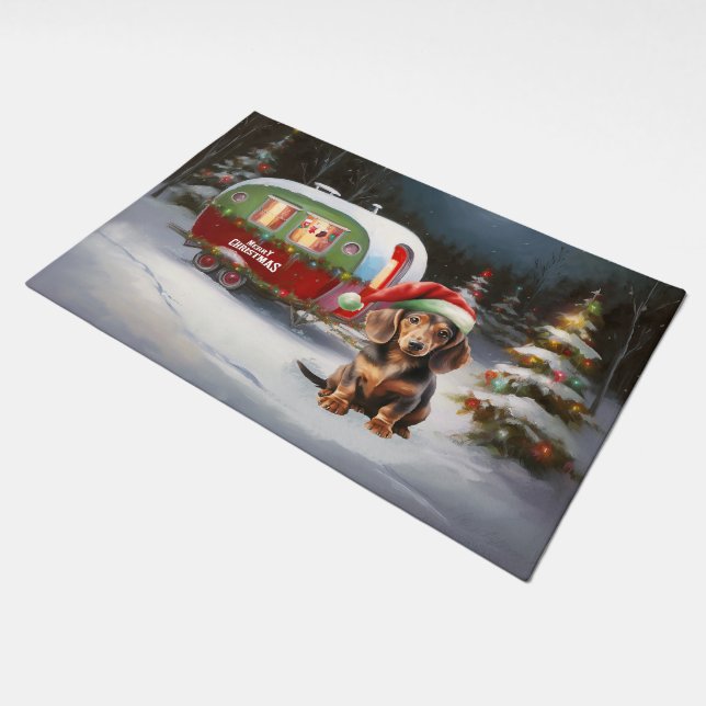 Winter Dachshund Caravan Christmas Adventure  Doormat (Angled)