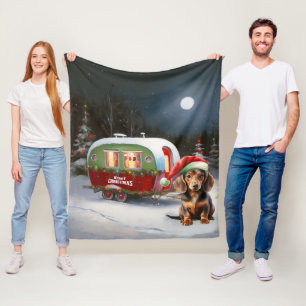 Winter Dachshund Caravan Christmas Adventure Fleece Blanket