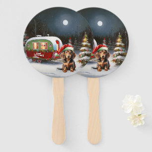 Winter Dachshund Caravan Christmas Adventure Hand Fan