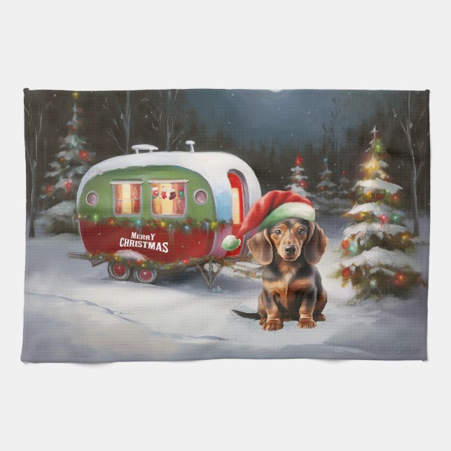 Winter Dachshund Caravan Christmas Adventure  Kitchen Towel (Horizontal)