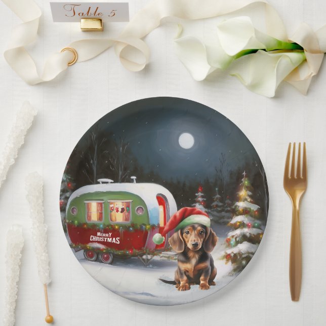 Winter Dachshund Caravan Christmas Adventure  Paper Plates (Wedding)