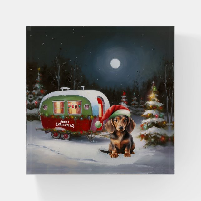 Winter Dachshund Caravan Christmas Adventure  Paperweight (Front)