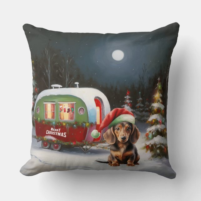 Winter Dachshund Caravan Christmas Adventure  Throw Pillow (Front)