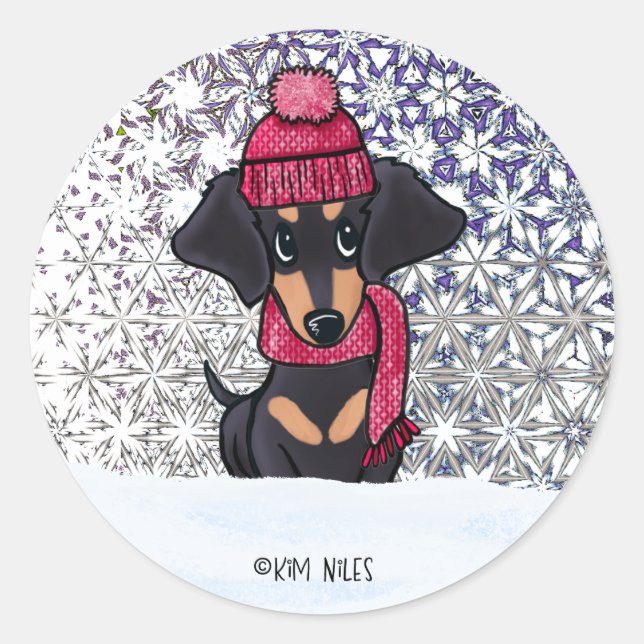 Winter Dachshund Classic Round Stick Sticker (Front)
