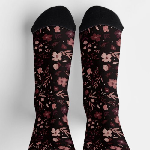 Winter dark red elegant floral botanical pattern socks