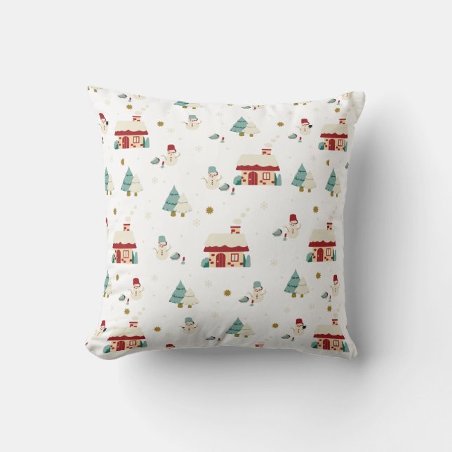 Winter Daytime Village Scene with Snowmen Throw Pillow (Front)