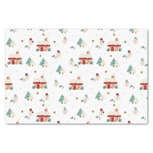 Winter Daytime Village Scene with Snowmen Tissue Paper