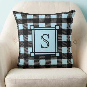 Winter Decor Blue Buffalo Plaid Custom Monogram Throw Pillow