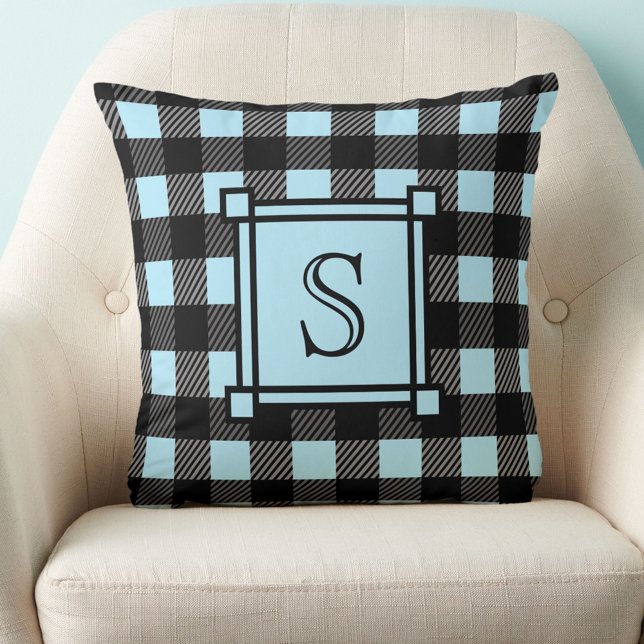 Winter Decor Blue Buffalo Plaid Custom Monogram Throw Pillow (Creator Uploaded)