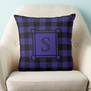 Winter Decor Blue Buffalo Plaid Custom Monogram Throw Pillow