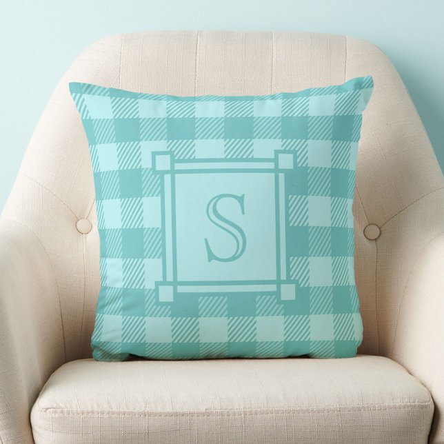 Winter Decor Teal Buffalo Plaid Custom Monogram Throw Pillow (Creator Uploaded)