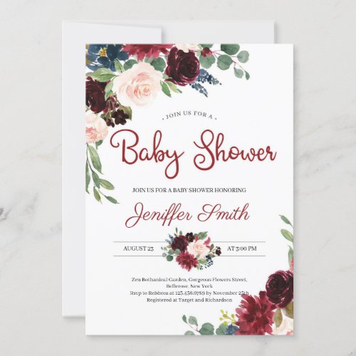 Winter deep red burgundy and navy floral baby invitation