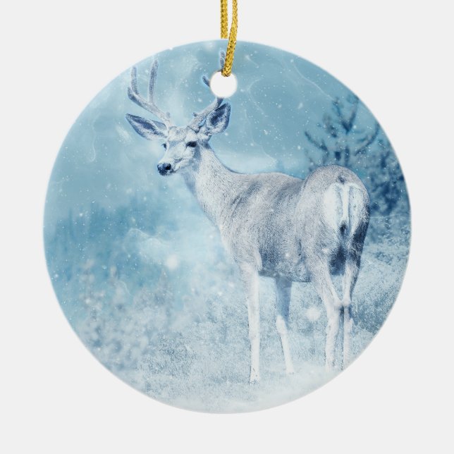 Winter Deer and Pine Trees Ceramic Ornament (Front)