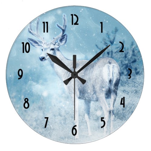 Winter Deer and Pine Trees Large Clock