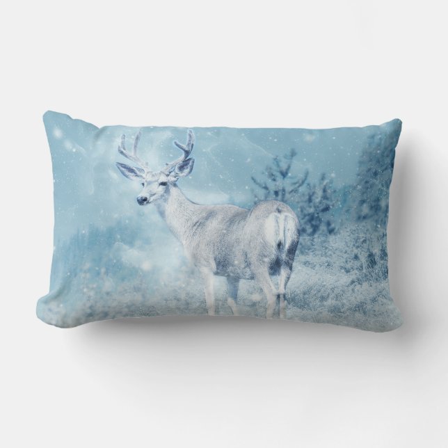 Winter Deer and Pine Trees Lumbar Pillow (Front)