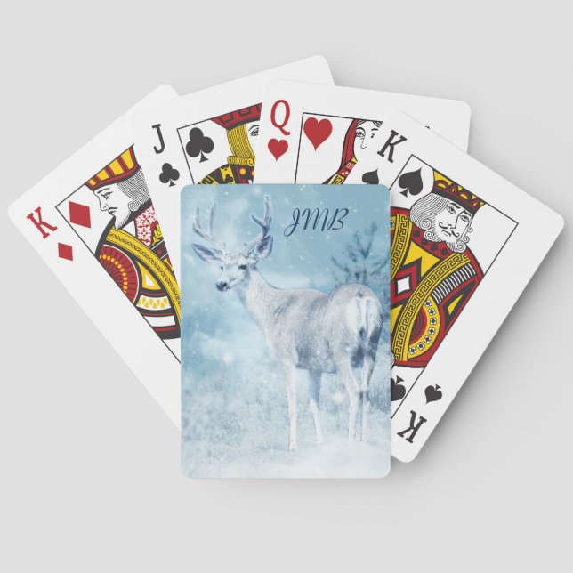 Winter Deer and Pine Trees Monogram Poker Cards (Back)