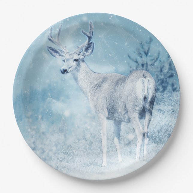 Winter Deer and Pine Trees Paper Plates (Front)
